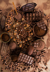 Chocolate , candy sweet, dessert food on natural paper background
