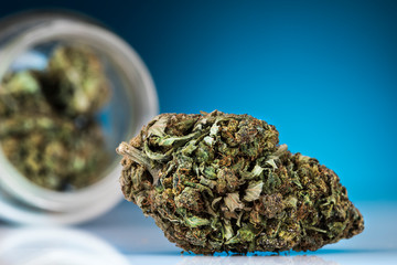 Cbd Concept, Medical Marijuana, cannabis and blue background