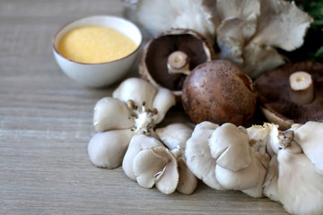 Champignon and oyster mushrooms, polenta, cheese and chicory on a wooden table. Ingredients for vegetarian lunch. Selective focus.
