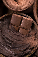 Chocolate bar, candy sweet, cacao beans and powder