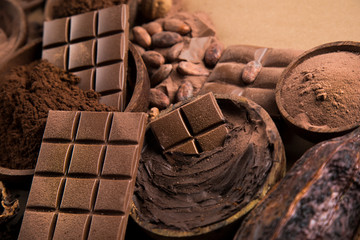 Chocolate , candy sweet, dessert food on natural paper background