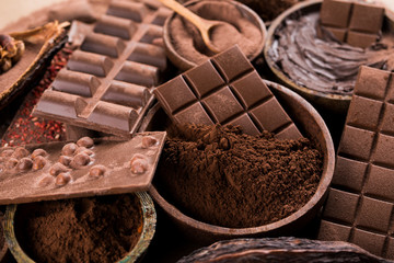 Chocolate bar, candy sweet, cacao beans and powder