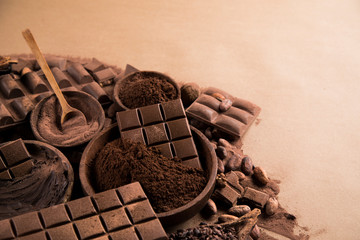 Chocolate bar, candy sweet, cacao beans and powder