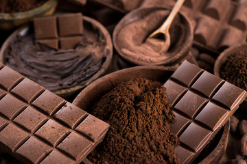 Chocolate bar, candy sweet, cacao beans and powder
