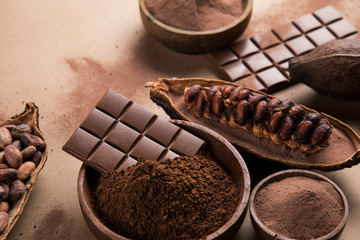 Chocolate bar, candy sweet, cacao beans and powder