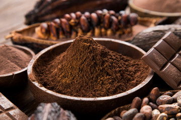 Chocolate bar, candy sweet, cacao beans and powder