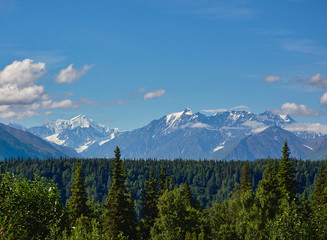 With its huge mountains and surrounded by a wonderful biodiversity lies the Denali National Park and Preserve. Touristic route and cloud sky. Landscape, fine art. Parks Hwy, Alaska, EUA: July 28, 2018