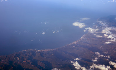 coast of Mediterranean Sea view from airplane