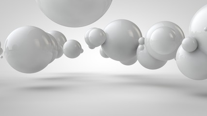 3D illustration of balls of different sizes hanging in space. The idea of order, chaos and harmony. Abstraction. Comparative image of the geometry of space. 3D rendering isolated on white background.