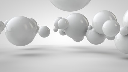 3D illustration of balls of different sizes hanging in space. The idea of order, chaos and harmony. Abstraction. Comparative image of the geometry of space. 3D rendering isolated on white background.