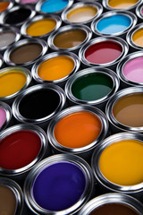 Fototapeta premium Group of tin metal cans with color paint