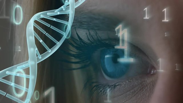 Blue eye surounded by binary code and spinning DNA helix