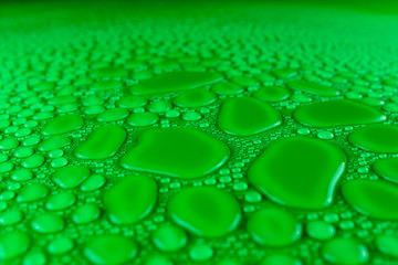Droplets of water on a green, matte background illuminated with a delicate light.