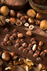 Chocolate bar, candy sweet, cacao beans and powder
