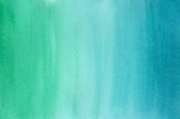 Horizontal gradient from blue to green watercolor background, wash technique. Bright aquamarine forest and water watercolour textured concept