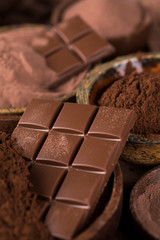 Chocolate bar, candy sweet, cacao beans and powder