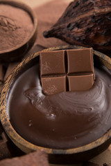 Chocolate bar, candy sweet, cacao beans and powder