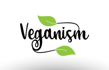 Veganism word text with green leaf logo icon design
