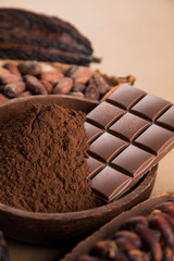 Chocolate bar, candy sweet, cacao beans and powder