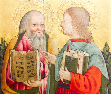 Pavia, Italy. November 11 2017.  A painting of the apostles James the Less (the Minor) and Philip. Ca. 1440-1450. Currently in Castello Visconteo.