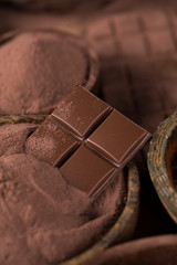 Chocolate bar, candy sweet, cacao beans and powder