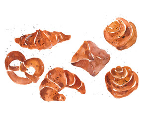Set of watercolor buns, croissants and pretzel hand drawn isolated on a white background