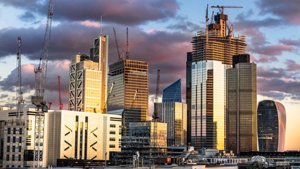 Fototapeta premium Aerial view of skyscrapers of the world famous bank district of central London