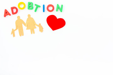 adoption copy and figures on white background top view copyspace