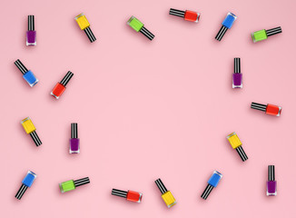 Flat lay color bottle with nail polish on pink background. top view. Flat lay