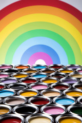 Full Buckets of rainbow colored oil paint
