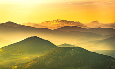 Obraz premium Landscape view during sunset in spring from Graz Schockl mountain in Styria Austria.