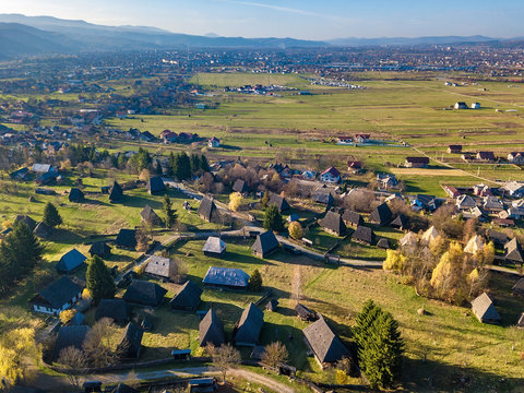 Aerial panorama of the village museum located in countryside of Maramures, Sighetu Marmatiei in Romania