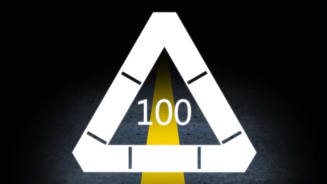 Number 100 in a loading triangle against yellow road line 