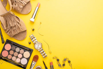 Woman summer accessories collage on yellow background, flat lay, top view. Banner