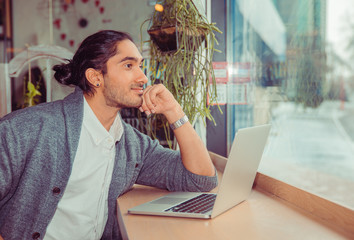 Man daydreaming in front of the computer.
