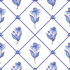 Seamless pattern of rhombuses and flowers, traditional blue painting in the Dutch style, delft, gzhel, print for fabric, background for various designs