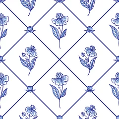 Gordijnen Naadloze patroon van ruiten en bloemen, traditionele blauwe schilderkunst in de Nederlandse stijl, delft, gzhel, print voor stof, achtergrond voor verschillende ontwerpen © Ollga P