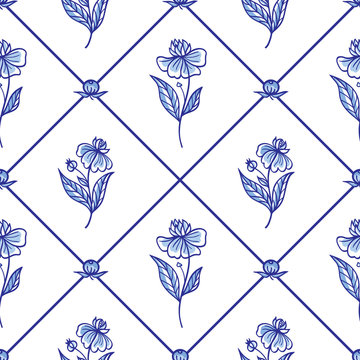 Seamless pattern of rhombuses and flowers, traditional blue painting in the Dutch style, delft, gzhel, print for fabric, background for various designs