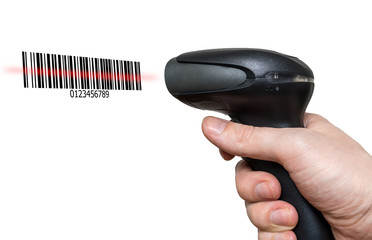 Scanning barcode with bar code reader isolated on white backgrou
