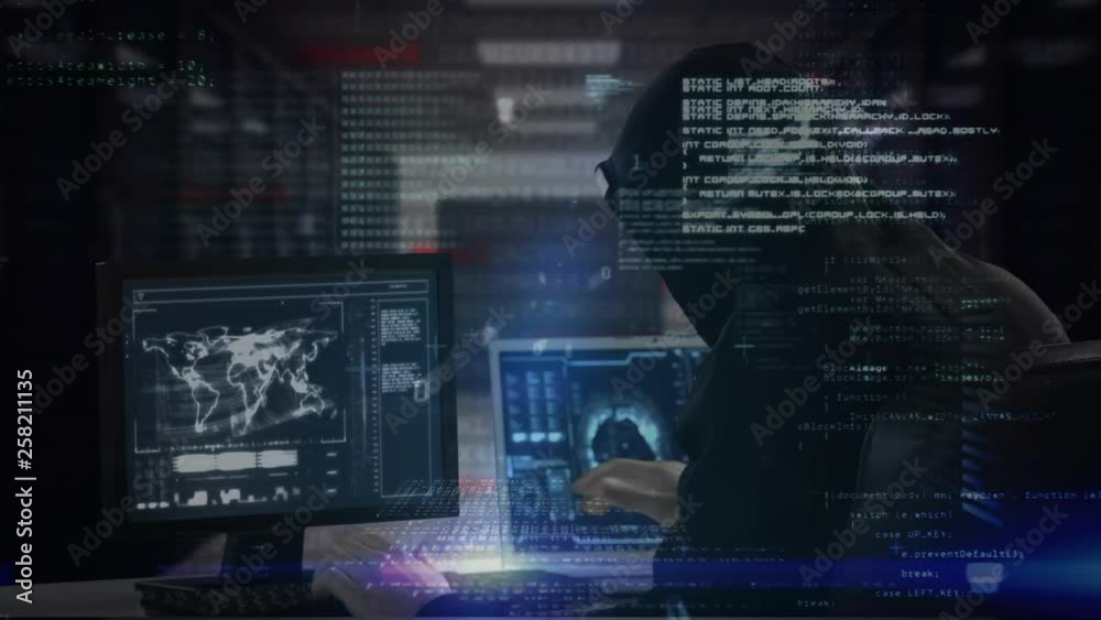 Poster hacker hacking computer with data on the foreground