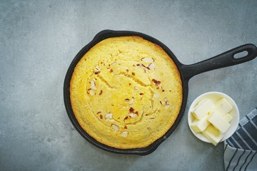 Homemade skillet corn bread overhead view