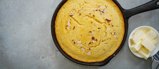 Homemade skillet corn bread overhead view