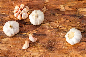 Heads of garlic on a wooden bark background. Ingredient for cooking. Top view