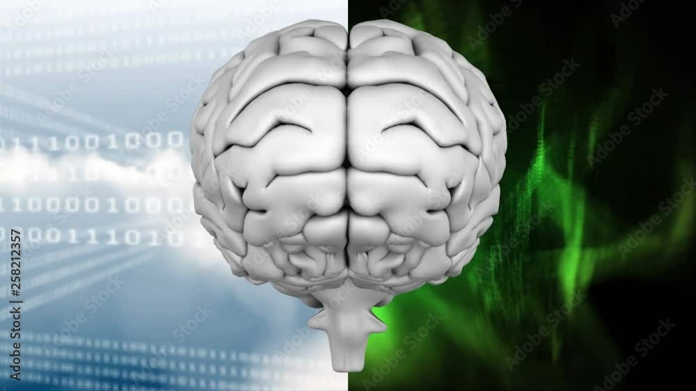Poster animation of the top of brain against a binary codes and light effects