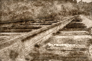Sketch of Long Silent Railroad Tracks Extending on and Waiting Patiently