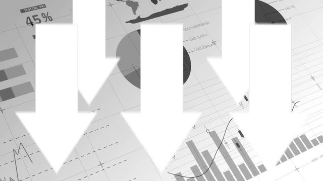 Lots of papers with graps, curves, diagram, information while arrows falling down