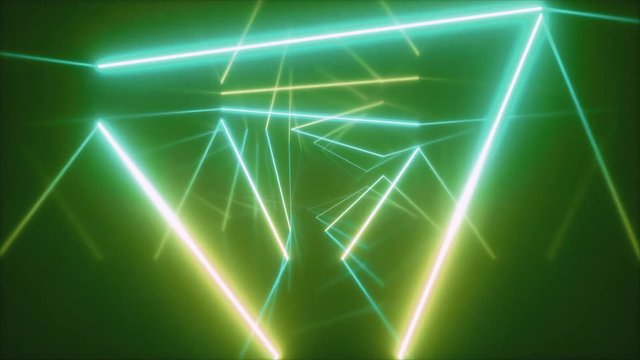 Abstract flying in futuristic corridor with triangles, seamless loop 4k background, fluorescent ultraviolet light, colorful laser neon lines, geometric endless tunnel, blue green spectrum, 3d render