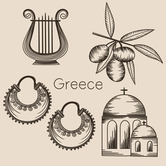 Engraving with greek symbols.Lira, olives, earrings and church.