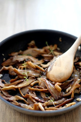 Fried mushrooms with olive oil and herbs. Selective focus.