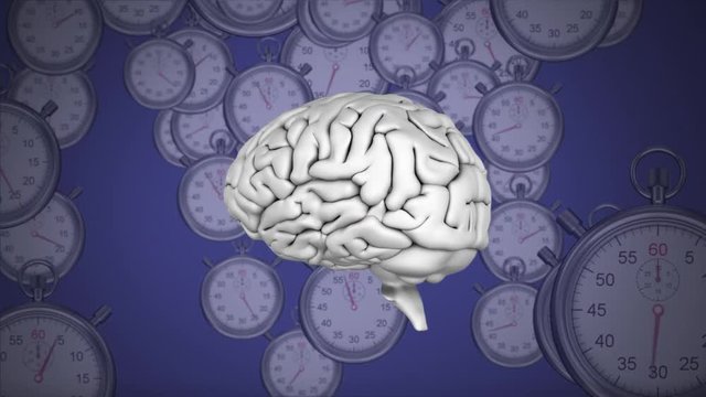 Spinning brain against clocks on a purple background